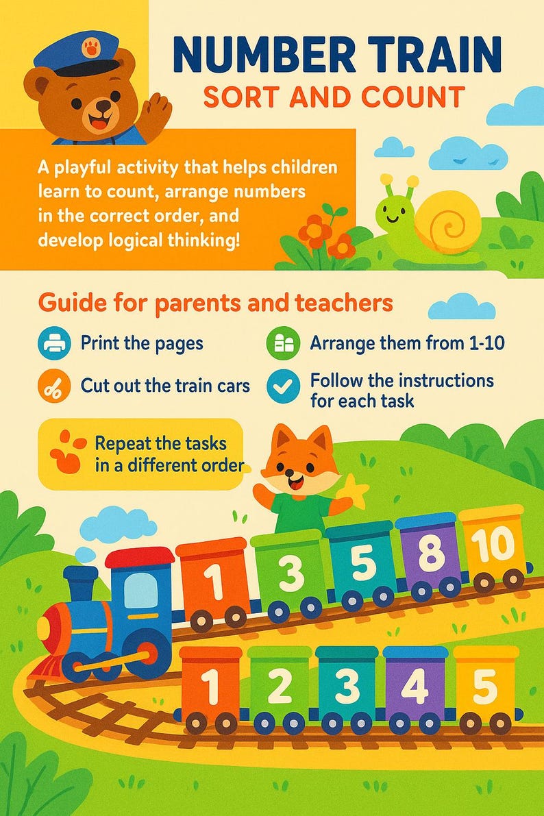 Number Train Activity: Preschool Math Game, Count, Sort, Color (PDF ...