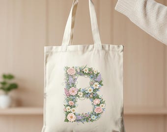 Custom Floral Initial Tote Bag, Monogram Wildflower Canvas Bag, Personalized Summer Gift, Bridesmaid Bridesmen Tote, Eco-Friendly Bag