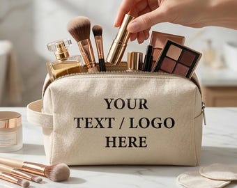 Custom Canvas Toiletry Bag with Logo, Personalized Makeup Bag, Dopp Kit, Cotton Travel Cosmetic Bag, Bulk Corporate Gift, Bridesmaid Gift