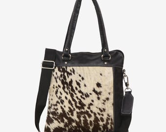 Handmade Cowhide Leather Tote Bag with Hair On Hide | Western Style Crossbody Shoulder Bag | Large Leather Bag for Work & Travel