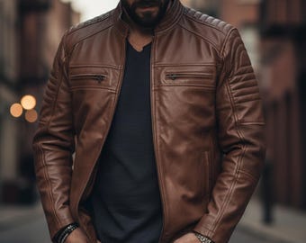 Men's Lambskin Leather Jacket, Vintage Moto Biker Style, Distressed Brown Leather, Casual American Motorcycle Outerwear for Men