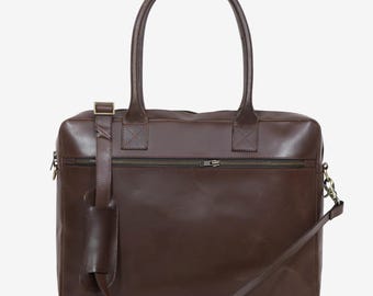 Leather Tote Bag, Dark Brown Laptop Briefcase for Work, Large Shoulder Bag with Strap, Teacher Commuter Gift