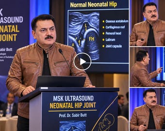 Könnte beinhalten: Ein Vortragender in einer braunen Lederjacke steht an einem Podium mit der Aufschrift MSK Ultrasound Neonatal Hip Joint, Prof. Dr. Sabir Butt. Dahinter zeigt ein Bildschirm ein medizinisches Ultraschallbild einer Neugeborenenhüfte.