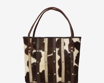 Handmade Cowhide Leather Tote Bag | Western Hair on Hide Shoulder Bag | Brown and White Spotted Handbag | Premium Exotic Leather Accent