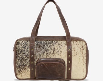Cowhide Leather Duffel Bag | Hair on Hide Weekend Travel Bag | Cow Hide Overnight Bag | Genuine Leather Tote | Brown White Spotted Bag