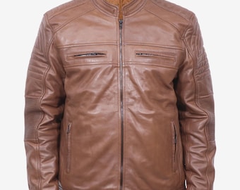 Leather Jacket for Men, Brown Genuine Leather Biker Motorcycle Slim Fit Vintage Style, Gift for Men