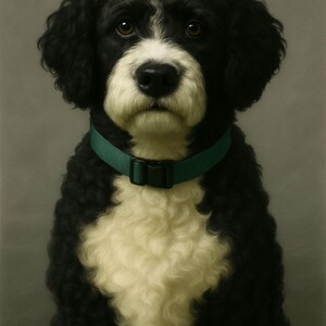 Portuguese Water Dog Digital Art Print – Curly Black & White Dog Portrait for Pet Lovers