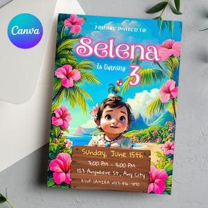 Baby Moana Geburtstagseinladung, bearbeitbare digitale Hawaiian Moana Geburtstag einladen, Kinder Thema Party Einladung, digitale Baby Moana Vorlage