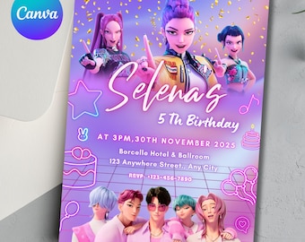 KPop Demon Hunter Birthday Invitation | Editable Canva Template | Kpop Anime Invite | Digital Download | Printable Birthday Card for Kids