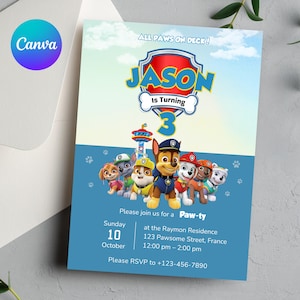 Invitación de cumpleaños de la Patrulla Canina, invitación de la Patrulla Canina, invitación para fiesta de la Patrulla Canina, plantilla de Canva editable e imprimible, descarga digital