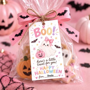 May include: A clear plastic treat bag tied with a pink ribbon featuring black bats, containing cookies. A rectangular tag attached with twine displays a ghost, a pink pumpkin, and the text: Boo! here's a little treat for you! HAPPY HALLOWEEN from, Amelia.