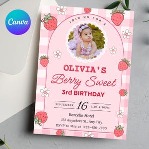 Strawberry Birthday Invitation, Editable Berry Sweet Invite, Printable Birthday Girl Invitation Template, Strawberry Invitation Template