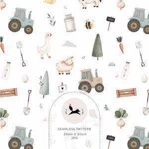 Pode incluir: Um padrão sem costura com ilustrações com tema de fazenda. O design inclui tratores, um ganso, ovelhas, uma abelha, garrafas de leite, cenouras e outros elementos da fazenda. O padrão é em cores pastel suaves, com o texto "SEAMLESS PATTERN 20cm X 20cm JPG".