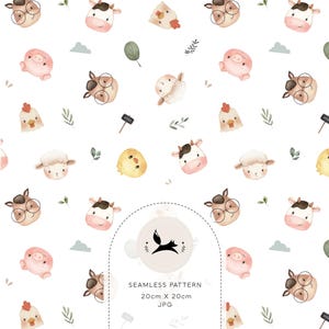 Puede incluir: Un patrón sin costuras con ilustraciones en acuarela de animales de granja, incluyendo vacas, cerdos, pollos y ovejas, sobre un fondo blanco. El patrón incluye pequeñas hojas verdes y nubes. El texto "SEAMLESS PATTERN 20cm X 20cm JPG" está presente.