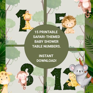Safari Baby Shower Table Numbers 1-15: Jungle Theme Party (Instant Download PNGs 4x6&quot; )