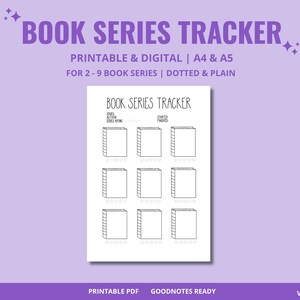 Puede incluir: Un rastreador de series de libros imprimible sobre un fondo lavanda. El texto "BOOK SERIES TRACKER" está en la parte superior, con detalles sobre el formato y el rango de la serie. El rastreador presenta espacios para títulos y calificaciones de libros. Las palabras "PRINTABLE PDF" y "GOODNOTES READY" están en la parte inferior.
