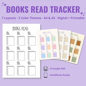 Könnte beinhalten: Ein digitaler und druckbarer Bücher-Tracker mit dem Titel "BOOKS READ TRACKER". Das Bild zeigt verschiedene Layouts und Farbthemen, erhältlich in den Größen A4 und A5. Es ist für druckbare PDFs und GoodNotes konzipiert.
