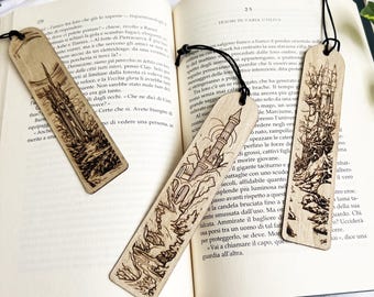 Segnalibro in legno con torri fantasy – Paesaggio dark fantasy inciso – Accessorio per lettori e amanti della fantasy e gioco di ruolo