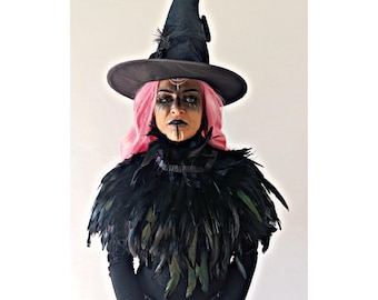 Black feather shrug Halloween costumes Witch feather cape Feather shawl collar Halloween feather cloak