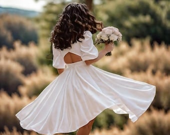 Simple wedding dress with sleeves Minimalist Bridal gown Boho wedding dress for bride Open back white dress with puff sleeves