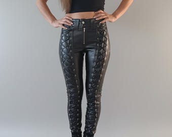 Black Leather Pants Women Lace up Pants Biker Pant Goth Trousers