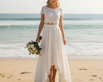 Abito da sposa a due pezzi, completo da sposa da spiaggia con top e gonna in pizzo, abiti da sposa personalizzati.