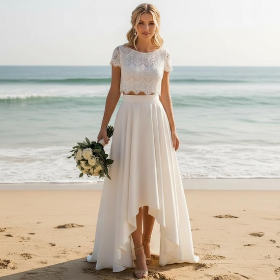 crop top beach wedding dress Two piece bridal separates Lace and skirt set Custom wedding dresses color:Baby Blue, Black & Multi This ivory wedding dress ssWoodTone:Medium Wood Grand Fiesta Americana Coral