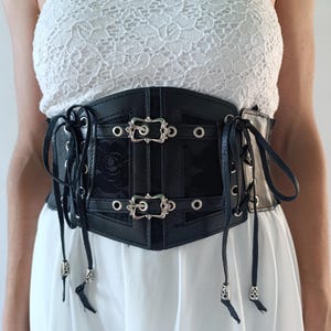 Gothic corset belt women PU Leather underbust corset Black wide belt Lace up corset belt