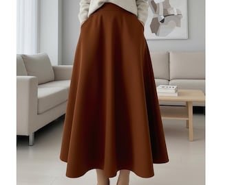 Brown wool skirt Long maxi skirt with pockets Customized skirt winter Women circle skirt Custom made