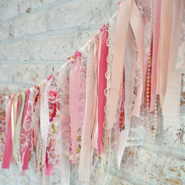 Ready to Ship Fabric Garland -Pink, White, Roses, Pearls, Vintage Tea Party- Bridal Shower, Baby Shower, Birthday Party, Nursery Decor