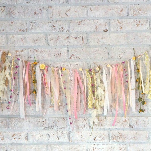 Ready to Ship Fabric Garland -Pink, White, Roses, Burlap, Rustic GARDEN PARTY- Bridal Shower, Baby Shower, Birthday Party, Nursery Decor