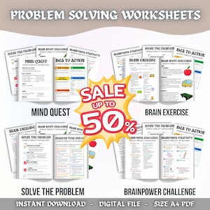 May include: A collection of printable problem-solving worksheets. The worksheets are titled "Mind Quest", "Brain Exercise", "Solve the Problem", and "Brainpower Challenge". A sale graphic shows up to 50% off. The text "Instant Download - Digital File - Size A4 PDF" is also visible.