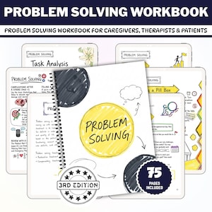 May include: A spiral-bound Problem Solving Workbook for caregivers, therapists, and patients. The cover features a large yellow circle with the text Problem Solving, a 3rd Edition star badge, and a 75 pages included badge. Interior pages show diagrams.