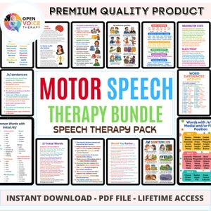 May include: A collection of speech therapy materials, such as flashcards and worksheets. The title "Motor Speech Therapy Bundle" is prominently displayed. The image also includes the text "Instant Download - PDF File - Lifetime Access."