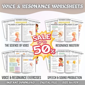 Puede incluir: Un conjunto de hojas de trabajo imprimibles para terapia del habla, con títulos como "La Ciencia de la Voz" y "Dominio de la Resonancia". La imagen incluye diagramas de las cuerdas vocales y los pulmones, con un gráfico de "Venta hasta 50%".