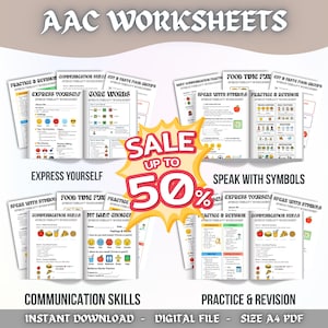 Puede incluir: Una colección de hojas de trabajo de CAA con títulos como "Exprésate" y "Habla con símbolos". La imagen presenta un gráfico de "Venta hasta 50%". Las hojas de trabajo son para terapia del habla y están disponibles como descarga digital instantánea en formato A4 PDF.