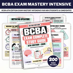 May include: A spiral-bound BCBA Exam Complete Study Guide 6th Edition 2026 with 200 pages included. The cover features a brain icon, a clipboard with a checklist, and a target graphic. Several study pages with diagrams and text are visible behind it.