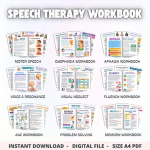 Könnte beinhalten: Eine Sammlung von Sprachtherapie-Arbeitsbüchern, jedes mit einem einzigartigen Titel, darunter "Motor Speech", "Dysphagia Workbook" und "Aphasia Workbook". Die Arbeitsbücher sind in einem Raster angeordnet, mit dem Text "SPEECH THERAPY WORKBOOK" oben. Der Text unten lautet "INSTANT DOWNLOAD - DIGITAL FILE - SIZE A4 PDF."