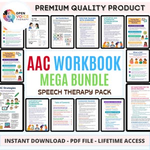 Puede incluir: Un paquete de cuadernos de trabajo de terapia del habla digital titulado "AAC Workbook Mega Bundle Speech Therapy Pack". La imagen presenta múltiples páginas digitales con texto e ilustraciones, incluyendo "Eye Transfer Board" y "Tips for Talking with Someone Using an AAC Device."