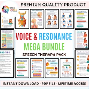 Op de afbeelding: Een verzameling spraaktherapiebronnen, waaronder gidsen over ademhalingsoefeningen, stemhygiëne en resonantietechnieken. De bundel bevat diagrammen en tekst, met de woorden "Voice & Resonance Mega Bundle" prominent weergegeven.