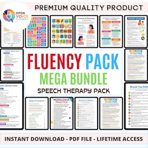 Könnte beinhalten: Sammlung digitaler Sprachtherapie-Ressourcen, darunter ein "Fluency Pack Mega Bundle" mit verschiedenen Therapietechniken und Übungsmaterialien. Das Bild zeigt mehrere digitale Seiten mit Text und Illustrationen, mit sofortigem Download und lebenslangem Zugriff.