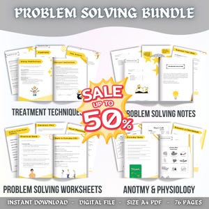 Op de afbeelding: Een bundel afdrukbare probleemoplossende werkbladen en notities. De afbeelding toont verschillende open werkboeken met gele accenten, waaronder titels als "Behandelingstechnieken" en "Probleemoplossingsnotities". Een "SALE UP TO 50%" graphic is zichtbaar.