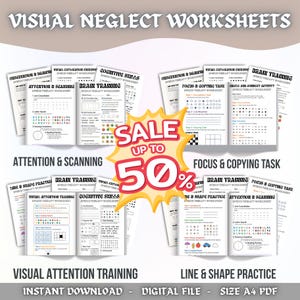 Könnte beinhalten: Eine Sammlung von Arbeitsblättern zur visuellen Vernachlässigung mit Übungen zur Aufmerksamkeit und zum Gehirntraining. Die Arbeitsblätter sind auf weißem Papier gedruckt. Eine Verkaufsanzeige zeigt bis zu 50% Rabatt. Der Text unten lautet "Sofort-Download - Digitale Datei - Größe A4 PDF."