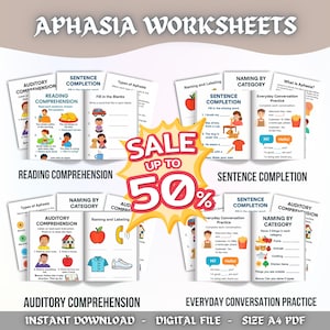 Puede incluir: Un conjunto de hojas de trabajo sobre afasia con ejercicios de comprensión lectora, completar frases y nombrar por categorías. Las hojas de trabajo están diseñadas para la comprensión auditiva y la práctica de la conversación diaria. Se muestra un gráfico de venta con "Hasta 50%"