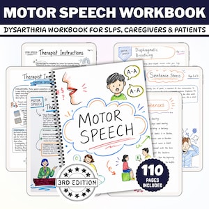 Może przedstawiać: Spiralny zeszyt ćwiczeń Motor Speech z białą okładką z kolorowymi, ręcznie rysowanymi ilustracjami ludzi i dymków. Okładka zawiera tekst Motor Speech oraz 3rd Edition. W tle widocznych jest kilka stron z wnętrza zeszytu.