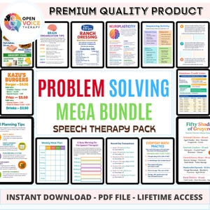 May include: A set of speech therapy resources, including visual aids and worksheets. The image features various educational materials with titles like "Problem Solving Mega Bundle" and "Brain Organization Tips." The color scheme is primarily white, black, red, and green.