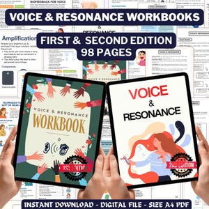 Op de afbeelding: Twee digitale werkboeken met de titel "Voice & Resonance" worden weergegeven, één met het label "1st Edition" en de andere met "2nd Edition". De werkboeken worden in handen gehouden, met de covers met illustraties en tekst. De afbeelding bevat ook de tekst "First & Second Edition 98 Pages."