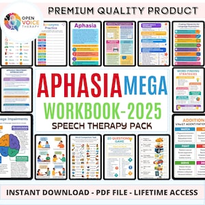 May include: A digital speech therapy pack titled "Aphasia Mega Workbook - 2025". The image shows various colourful educational charts and worksheets for speech therapy, including word-finding strategies and language expression cues. The product is an instant PDF download.