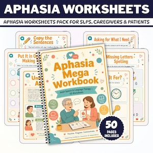 May include: A spiral-bound Aphasia Mega Workbook for adult speech and language therapy with 50 worksheets. The cover features an illustration of two people at a table, with text including Aphasia Mega Workbook, 50 Worksheets, and 50 Pages Included.