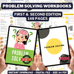 Op de afbeelding: Twee digitale werkboeken voor probleemoplossing, eerste en tweede editie, elk in handen gehouden. De covers tonen een cartoonmeisje met een hersengrafiek en vraagtekens. De tekst luidt "Problem Solving Workbooks" en "148 Pages."
